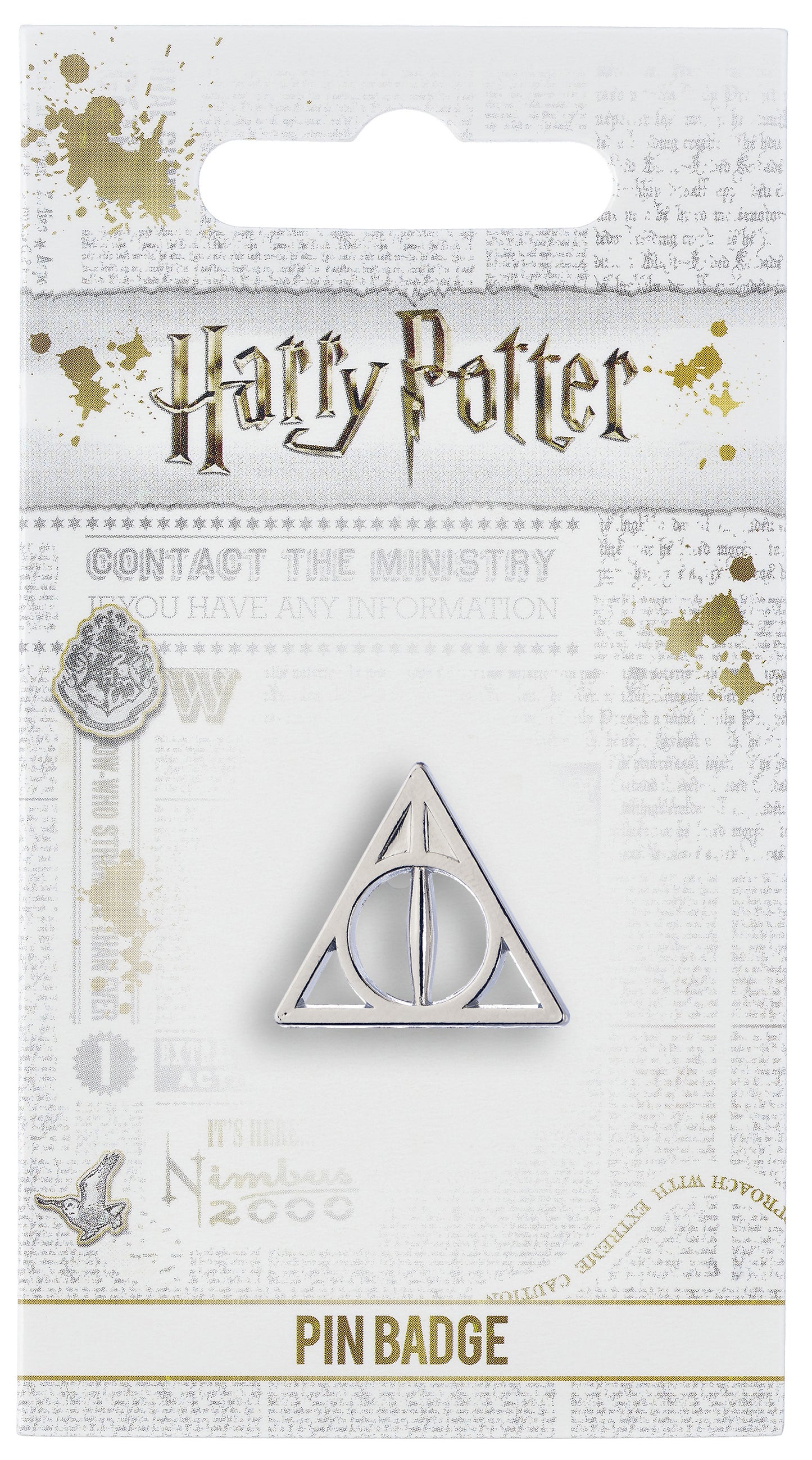 Harry Potter silver Deathly Hallows logo pin badge on backing card