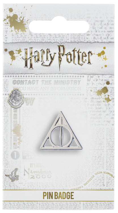 Harry Potter silver Deathly Hallows logo pin badge on backing card