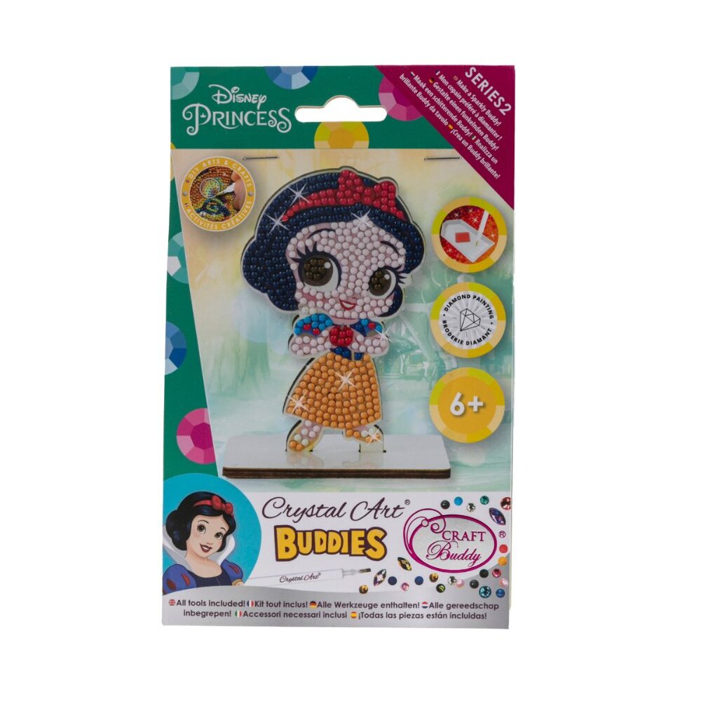 White and green packaging shows the Crystal Art Buddies Series 2 diamond painting craft kit for ages 6 and up depicting a shiny Snow White figurine