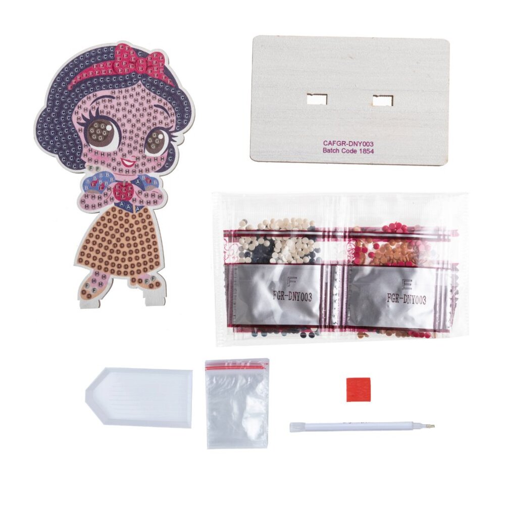 The Snow White Crystal Art Buddies kit featuring the character template, stand, bead packets, diamond dot tray, and applicator pen