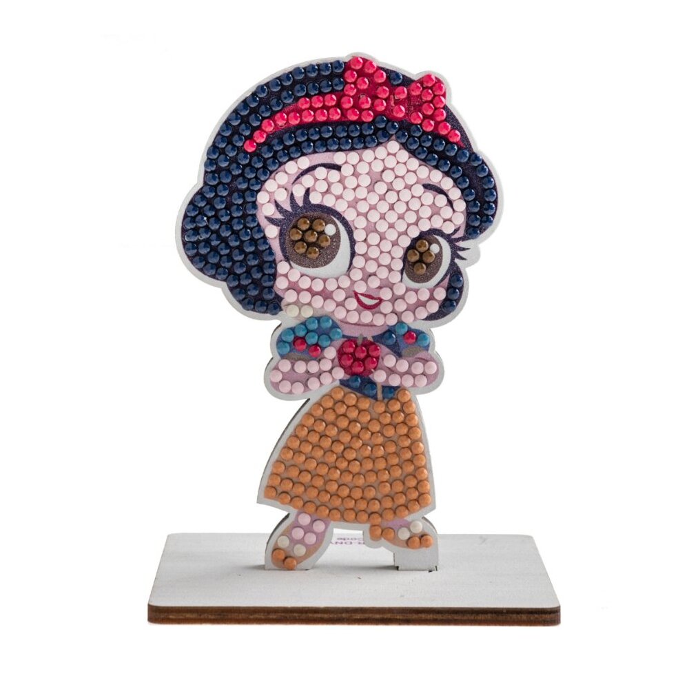 Snow White CrystalArt Buddies standing figure featuring colorful diamond-dot rendering on a small wooden stand