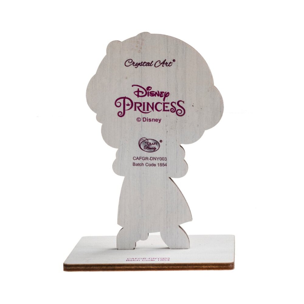 Rear view of the Snow White wooden Crystal Art Buddy figure displaying the Disney Princess logo and batch code 1854