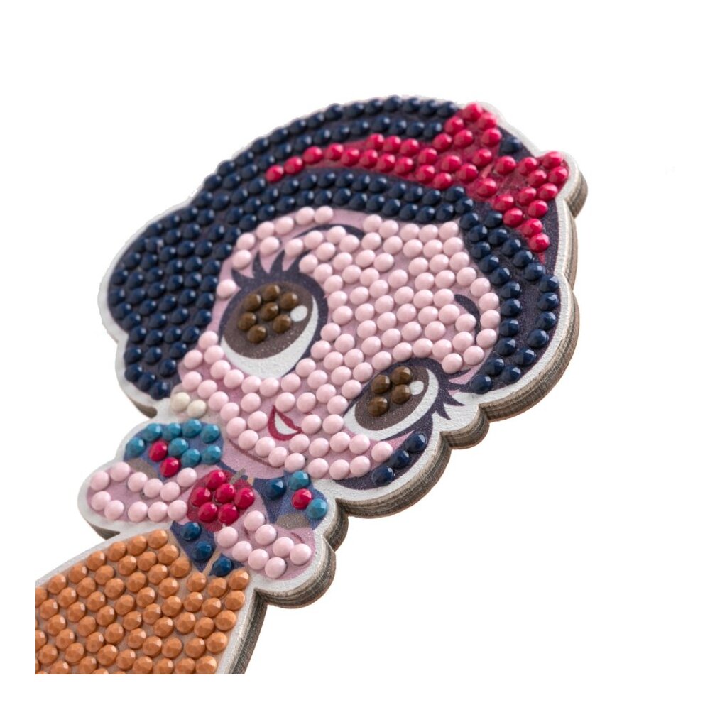 The completed Crystal Art Buddies figure of Snow White, rendered in small round adhesive gems displaying her iconic cartoon face and layered wooden edges