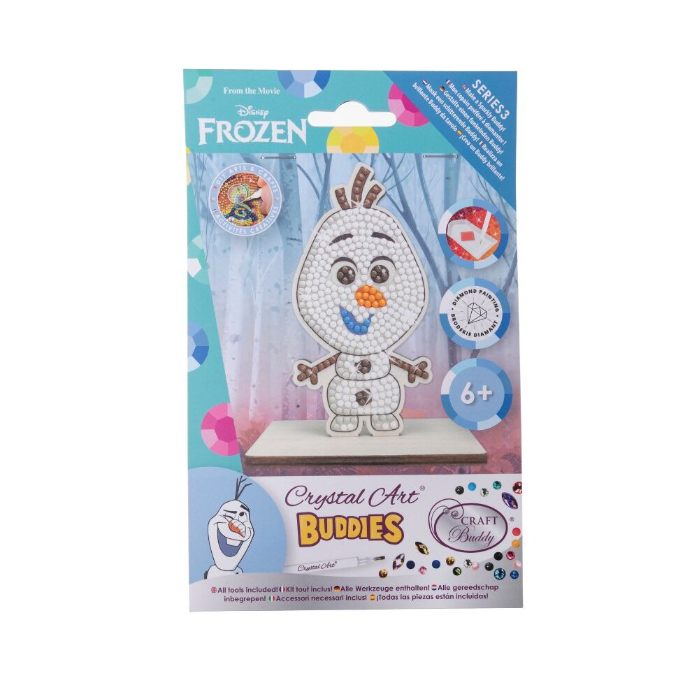 Disney Frozen Crystal Art Buddies kit featuring a completed gem-covered Olaf snowman figurine standing on a base displayed on the retail packaging marked Series 3