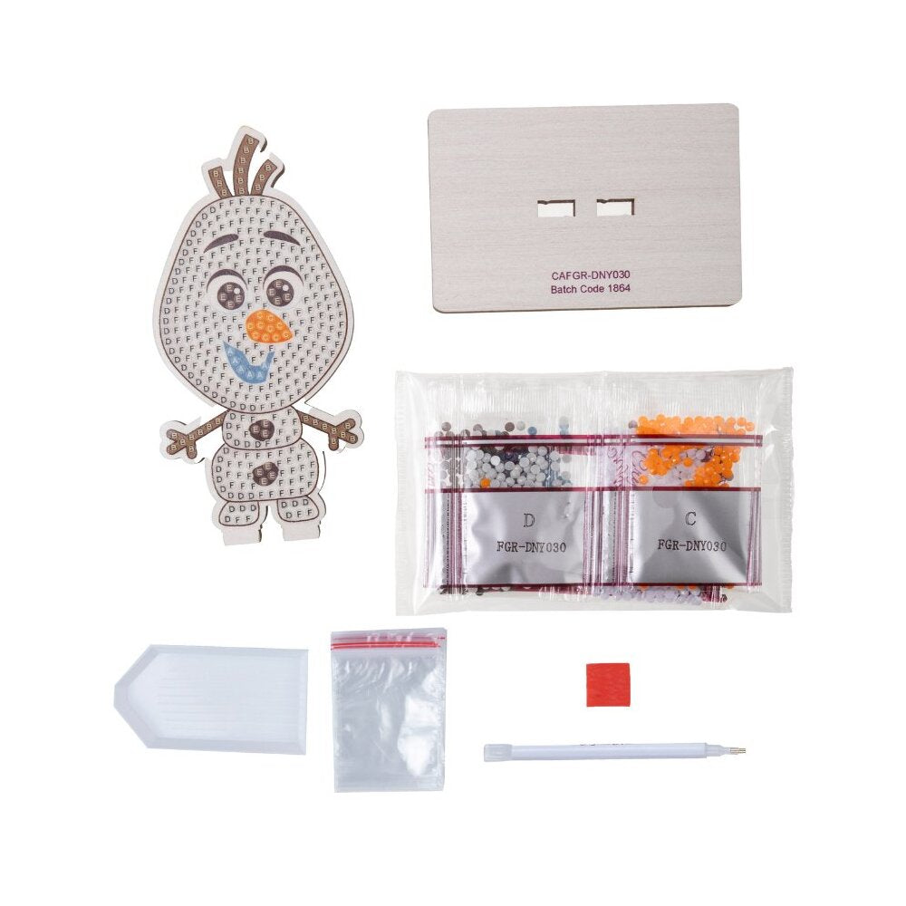 The CrystalArt Olaf diamond dot kit includes the wooden snowman buddy template, rhinestone packs, a stand, and an application pen