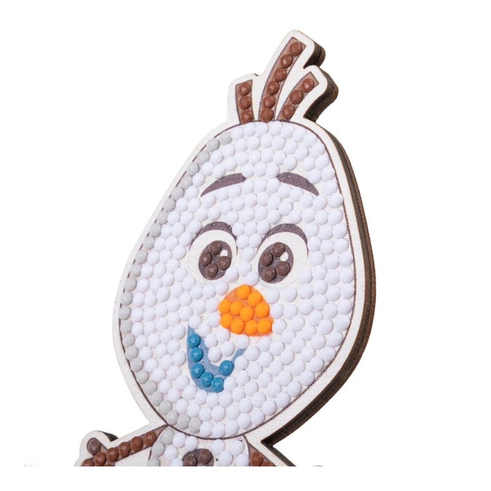 The Olaf Crystal Art Buddies figurine, a wooden cutout covered entirely in sparkling white, brown, orange, and blue faceted resin diamonds