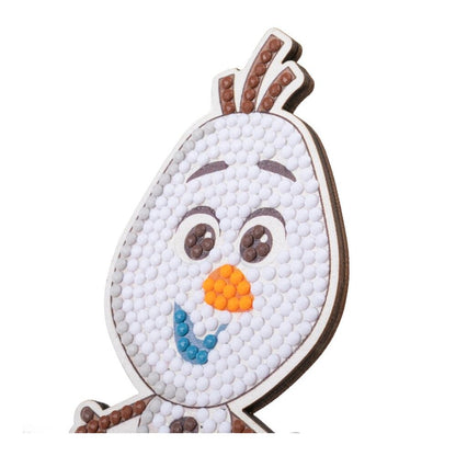 The Olaf Crystal Art Buddies figurine, a wooden cutout covered entirely in sparkling white, brown, orange, and blue faceted resin diamonds