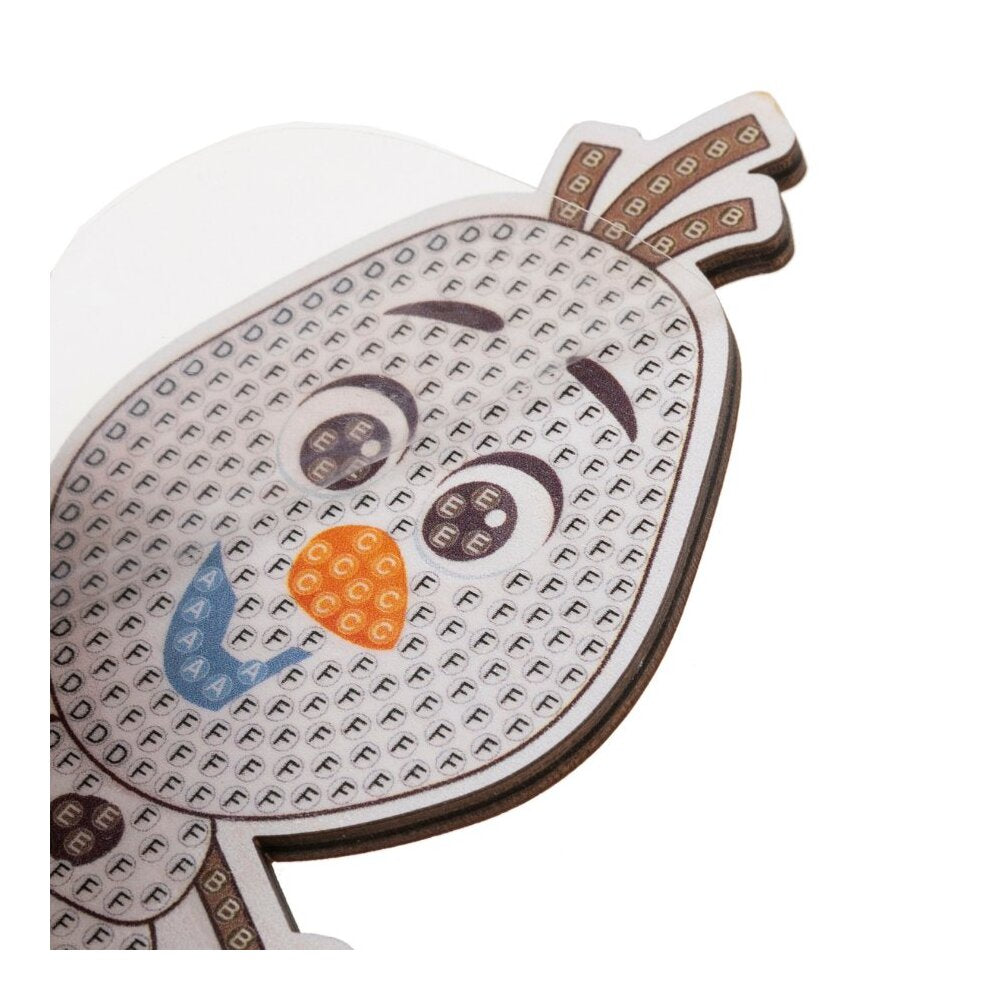 The close-up shot features the wooden Olaf diamond painting base marked with alphanumeric codes for applying the crystal drills