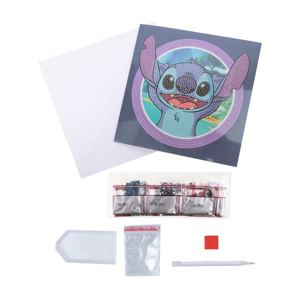 Crystal Art Stitch 18x18cm card kit displayed with the character template, colored gems, applicator tool, and plastic sorting tray