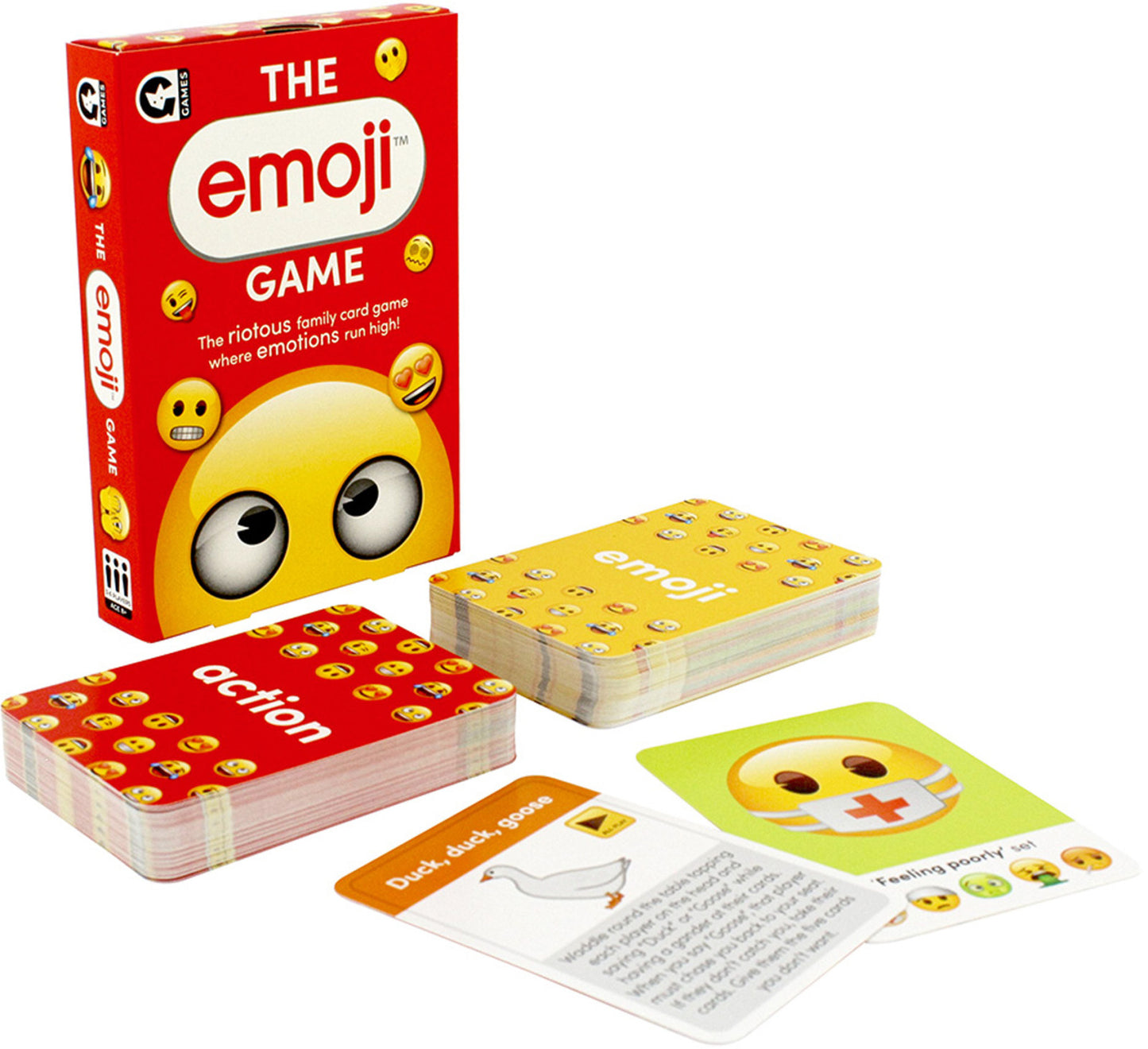 The Emoji Game card game with box action cards and emoji cards for family fun