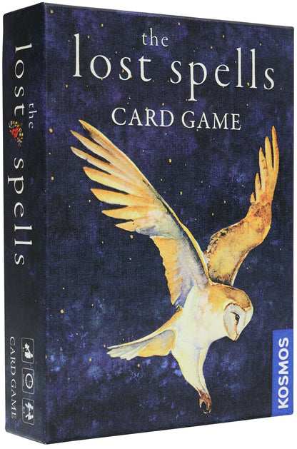 Box front cover of The Lost Spells Card Game forest-themed artwork with animal illustrations