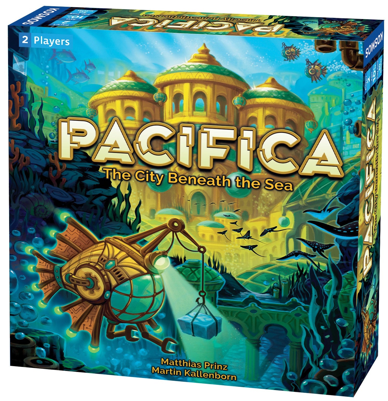 Board game box for Pacifica The City Beneath the Sea featuring an underwater city and a mechanical fish