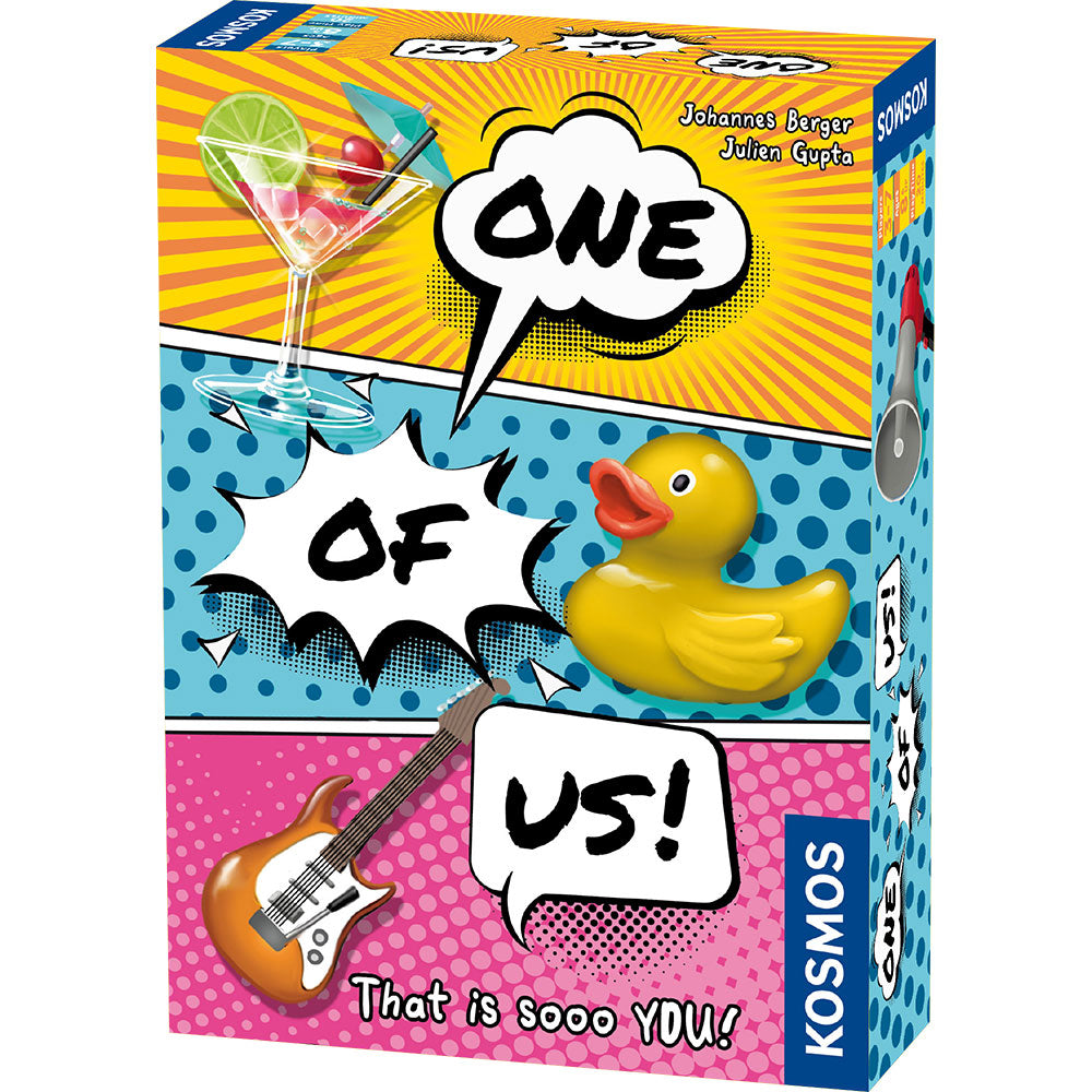 The game box for One of Us features a pop art design with a martini glass a rubber duck an electric guitar and speech bubbles displaying the title