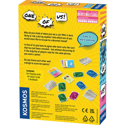 The back of the One of Us game box shows the title, game description, contents list, and numerous illustrated playing cards on a yellow background