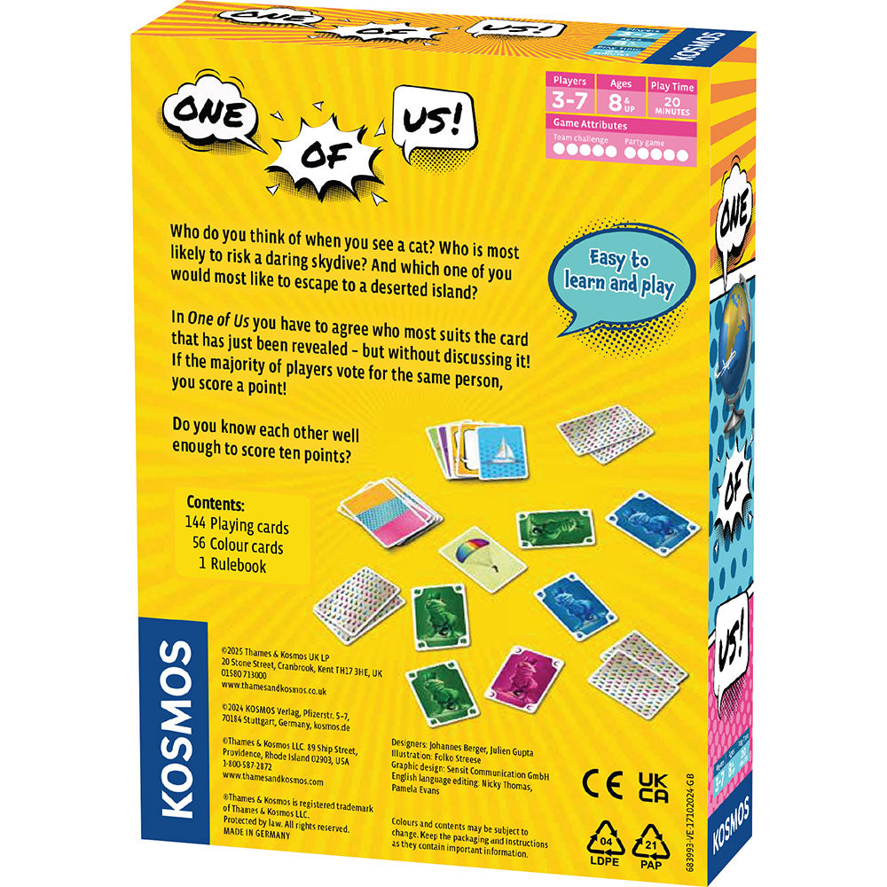 The back of the One of Us game box shows the title, game description, contents list, and numerous illustrated playing cards on a yellow background