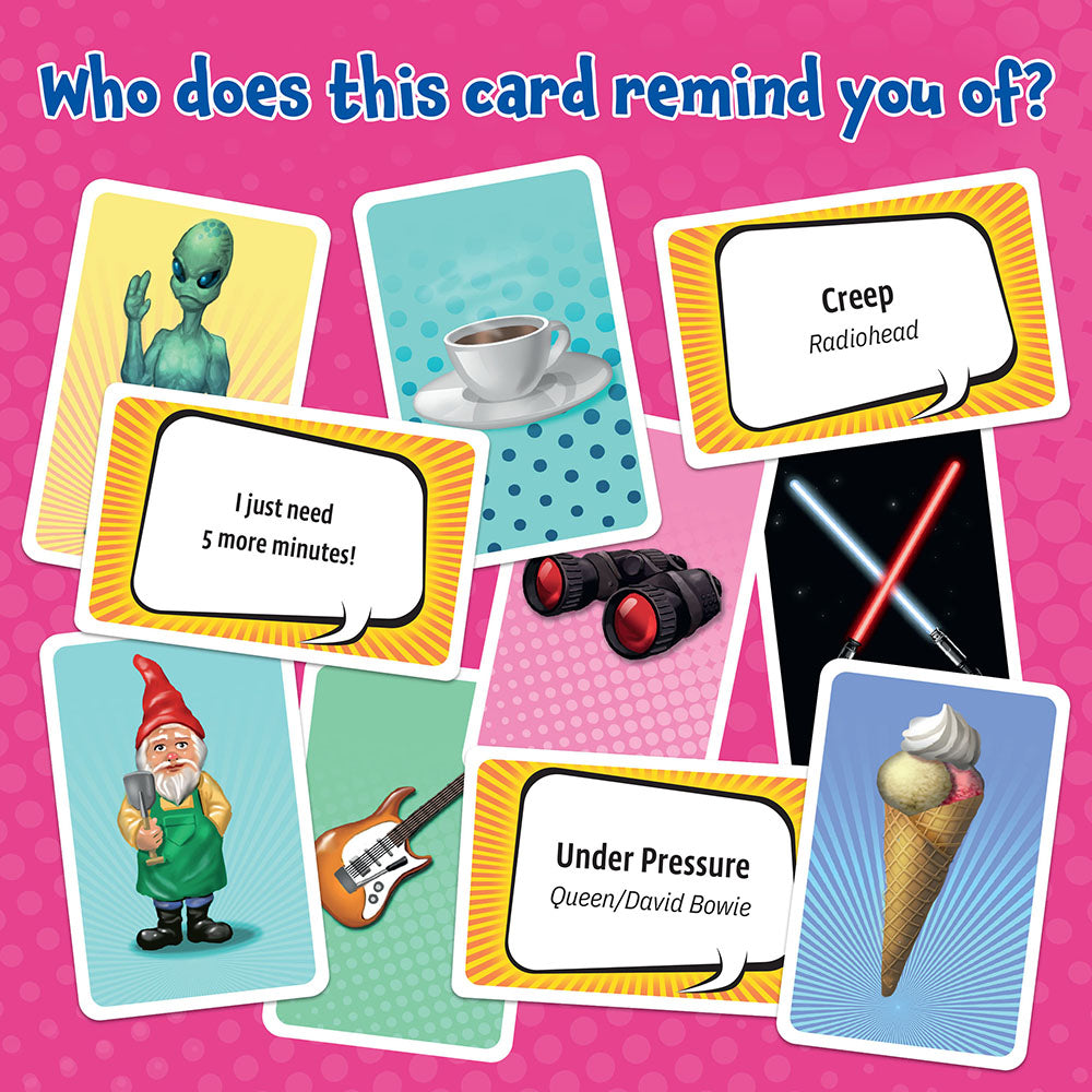 One of Us game display featuring a question and multiple playing cards with diverse images and song titles on a pink background