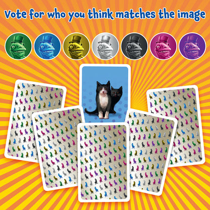 One of Us game image featuring a central card with two cats, surrounded by game cards with small colorful monsters, and seven large monster portraits above