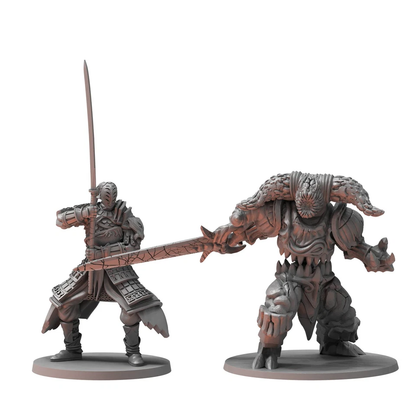 Two gray Dark Souls RPG miniatures show a knight with a katana facing a large armored demon on round bases