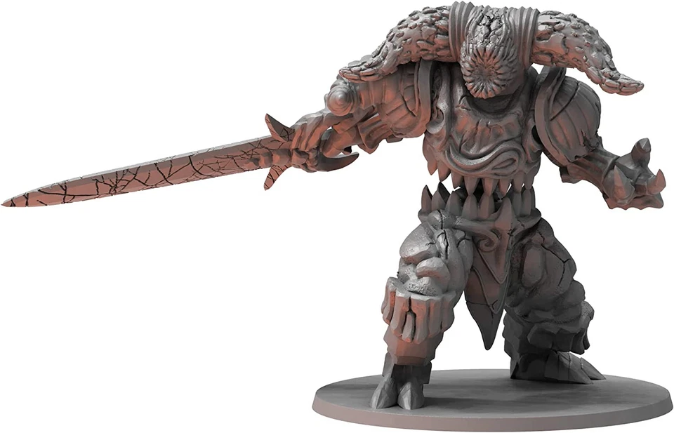 A gray Dark Souls RPG miniature of a towering Smelter Demon monster with cracked armor and a large sword on a circular base