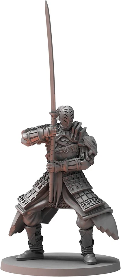 A grey Dark Souls RPG miniature of Sir Alonne in samurai armor holding a long sword on a circular base