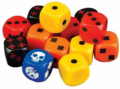 Assorted red, orange, black, blue, and yellow dice with various symbols