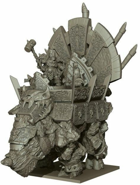Kings of War Abyssal Dwarf Hellfane miniature, grey resin, detailed war machine with riders