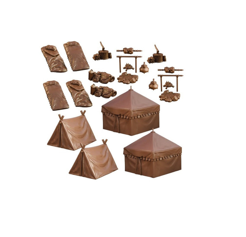 Miniature brown camping set: two large tents, two small tents, four sleeping bags, two meat spits, two axe stumps, pots, log piles, and various packs