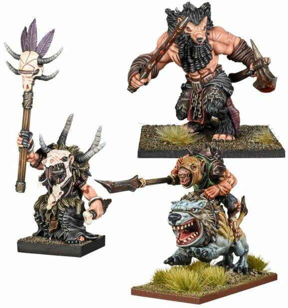 Kings of War Ratkin figures, wererat, beast shaman, ratkin warrior on mutant rat.