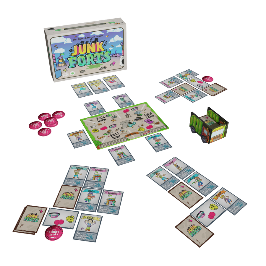 Junk Forts game components displayed with cards and tokens