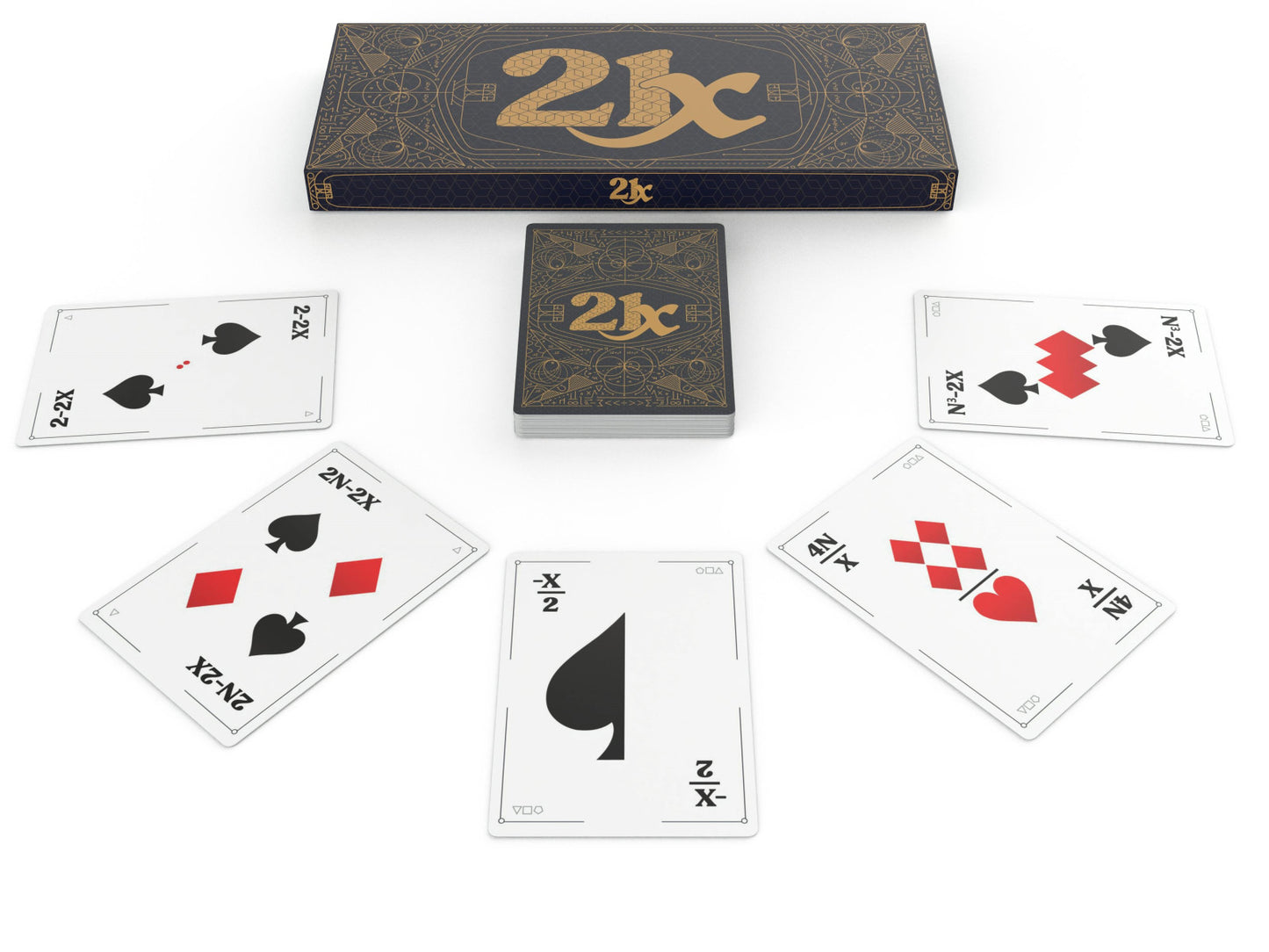 Naylor Games 21X Limited Edition card game with gold foil logo on a black deck box and central card stack surrounded by six unique playing cards
