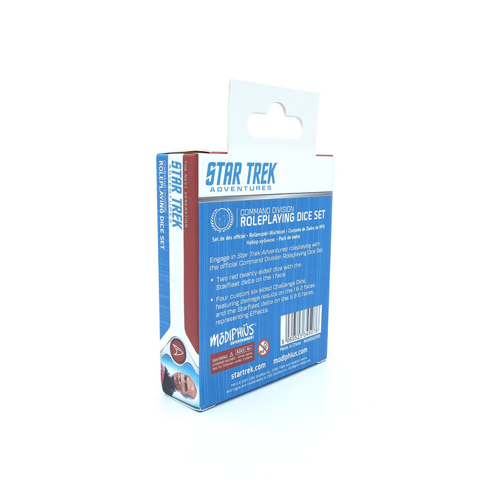 A white and blue box for the Star Trek Adventures Command Division Roleplaying Dice Set with product details and a character image