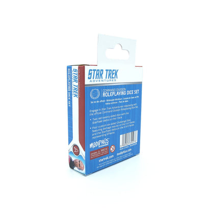 A white and blue box for the Star Trek Adventures Command Division Roleplaying Dice Set with product details and a character image