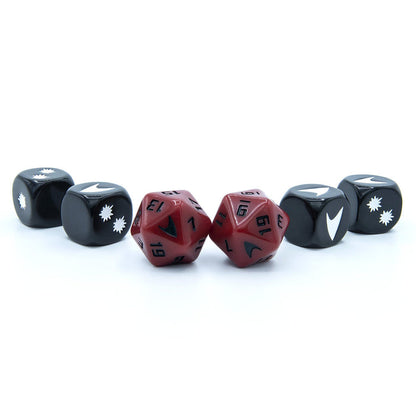 Four black Star Trek Adventures RPG - Command Division Dice Set d6s with white symbols and two red d20s with black numbers and insignia are displayed on white