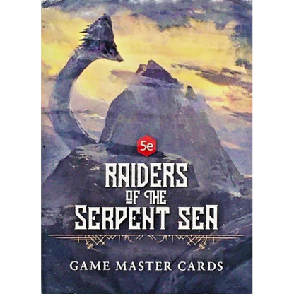 Cover for Raiders of the Serpent Sea Game Master Cards features a sea serpent emerging from mountains beneath a dramatic orange sky