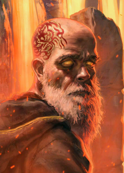 A bald, bearded man with glowing yellow eyes and red head tattoos wears a dark hooded cloak against a fiery orange background with embers
