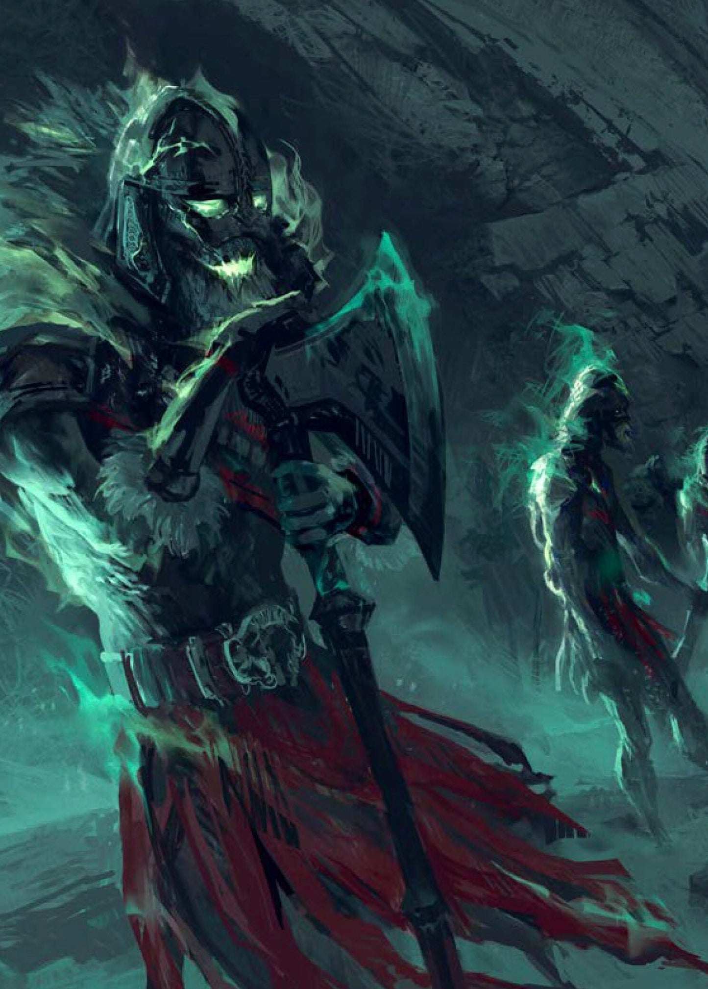 A dark armored skeletal raider glowing green holds an axe, with other spectral figures behind, a character from Raiders of the Serpent Sea Game Master Cards
