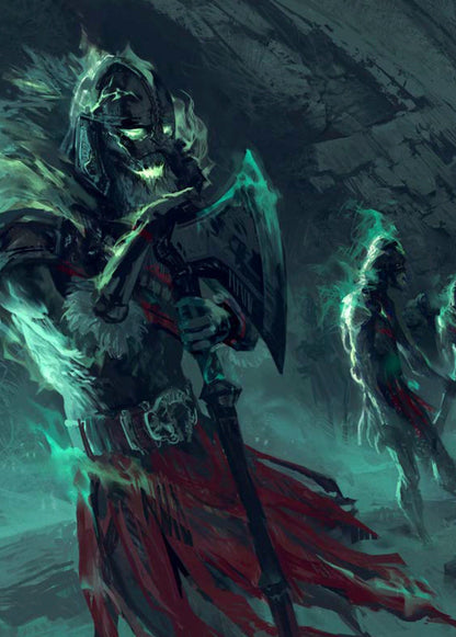 A dark armored skeletal raider glowing green holds an axe, with other spectral figures behind, a character from Raiders of the Serpent Sea Game Master Cards