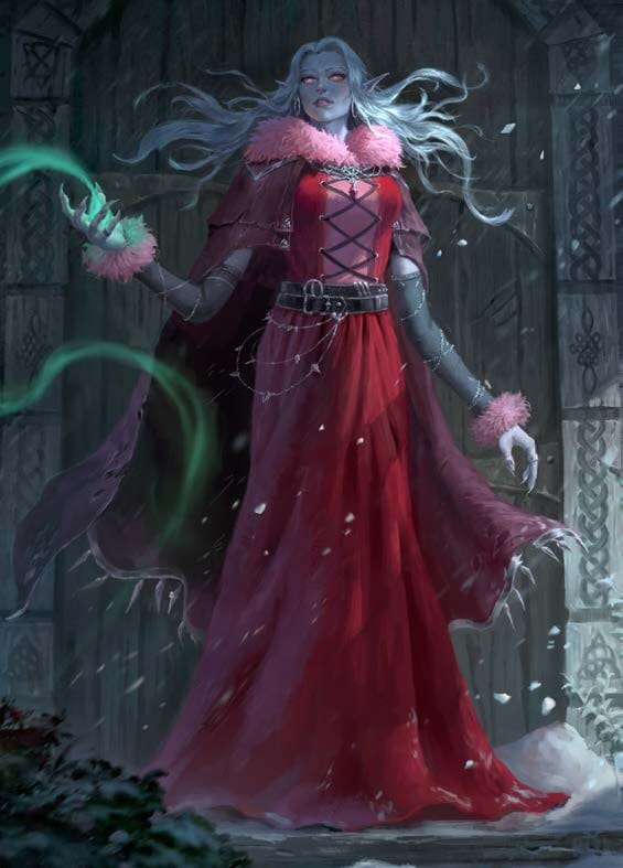 Fantasy art for Raiders of the Serpent Sea showing a pale woman in a red dress with a fur collar casting a green spell in the snow