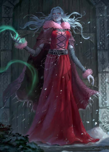 Fantasy art for Raiders of the Serpent Sea showing a pale woman in a red dress with a fur collar casting a green spell in the snow