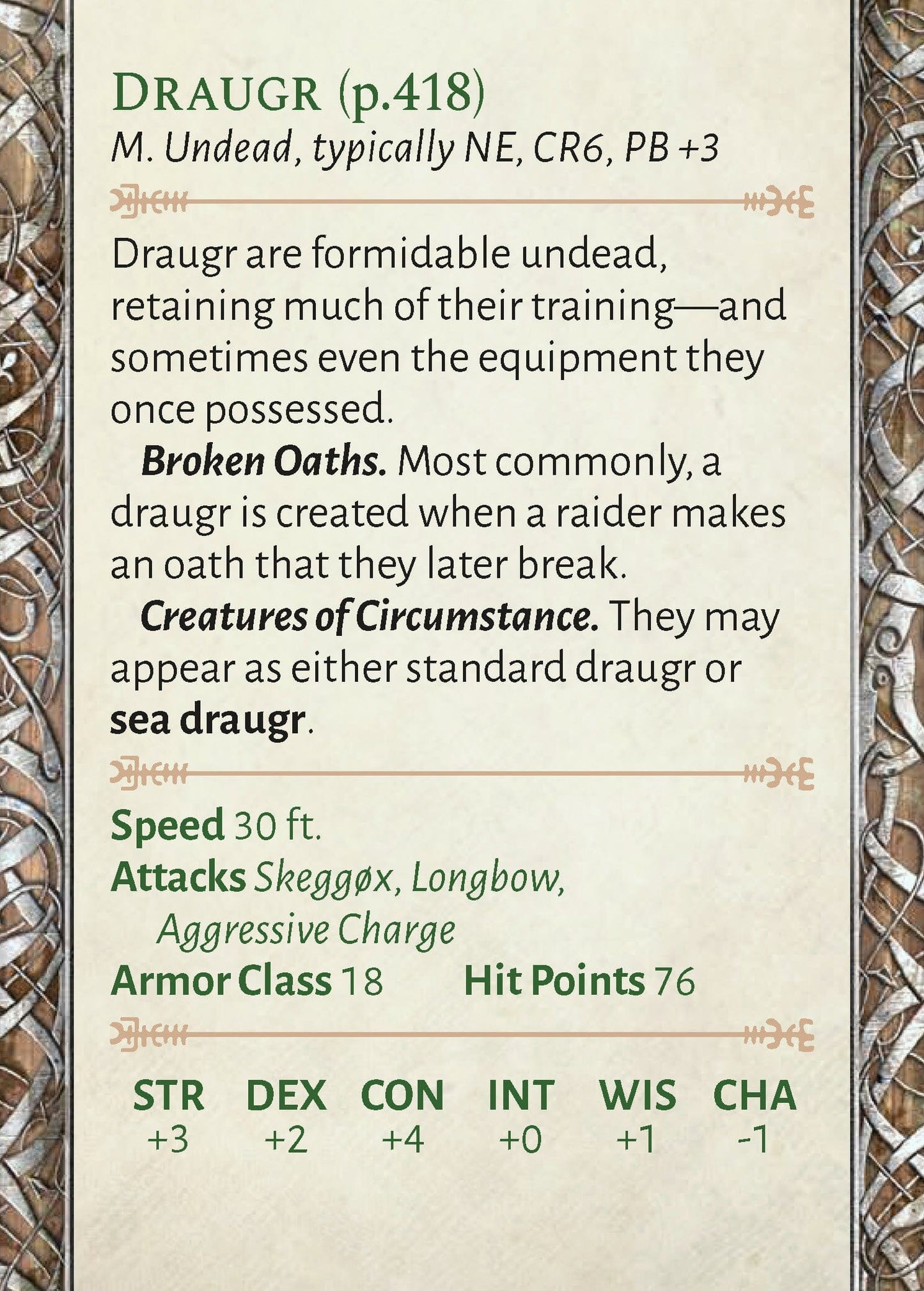A game master card from Raiders of the Serpent Sea (5E) displays the Draugr creature stat block with its type, abilities, attacks, and scores