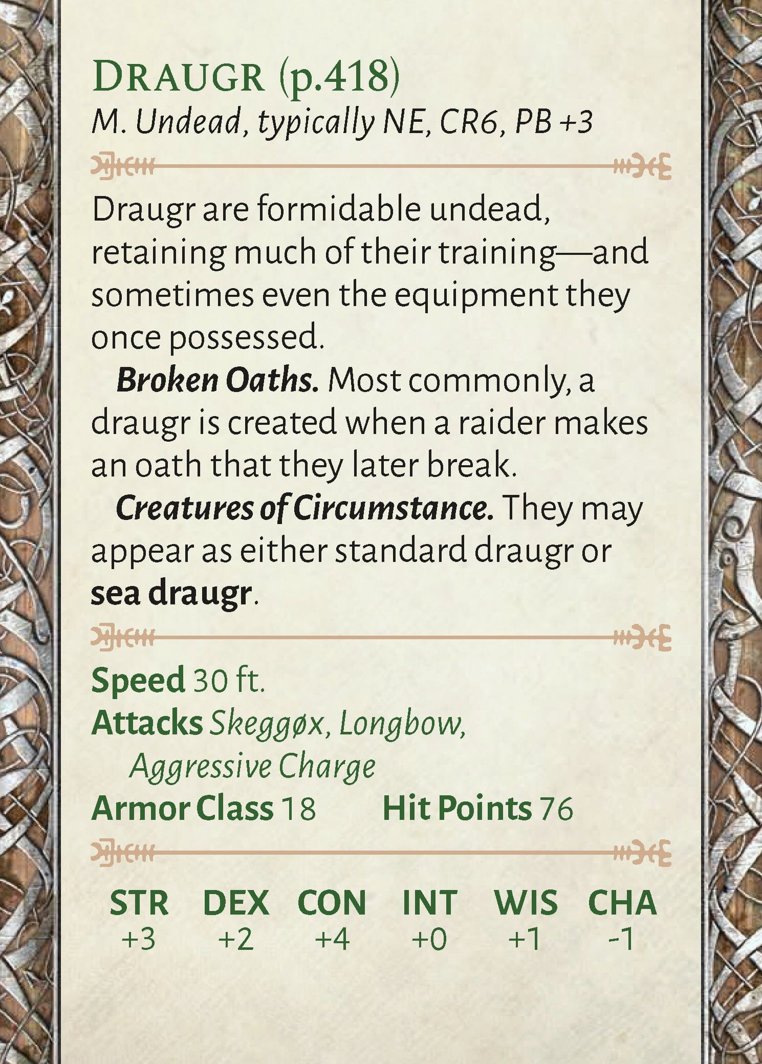 A game master card from Raiders of the Serpent Sea (5E) displays the Draugr creature stat block with its type, abilities, attacks, and scores