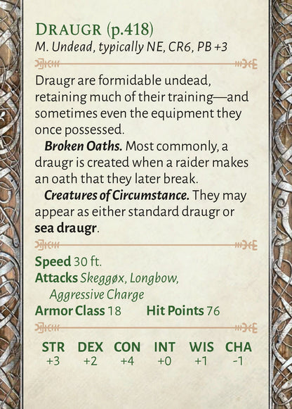A game master card from Raiders of the Serpent Sea (5E) displays the Draugr creature stat block with its type, abilities, attacks, and scores