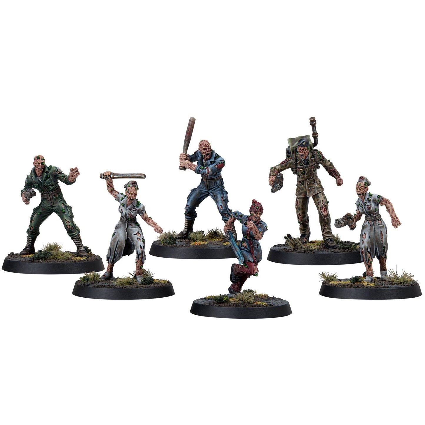 Six detailed zombie miniatures: soldiers, nurse, and civilians, equipped with weapons for tabletop wargaming