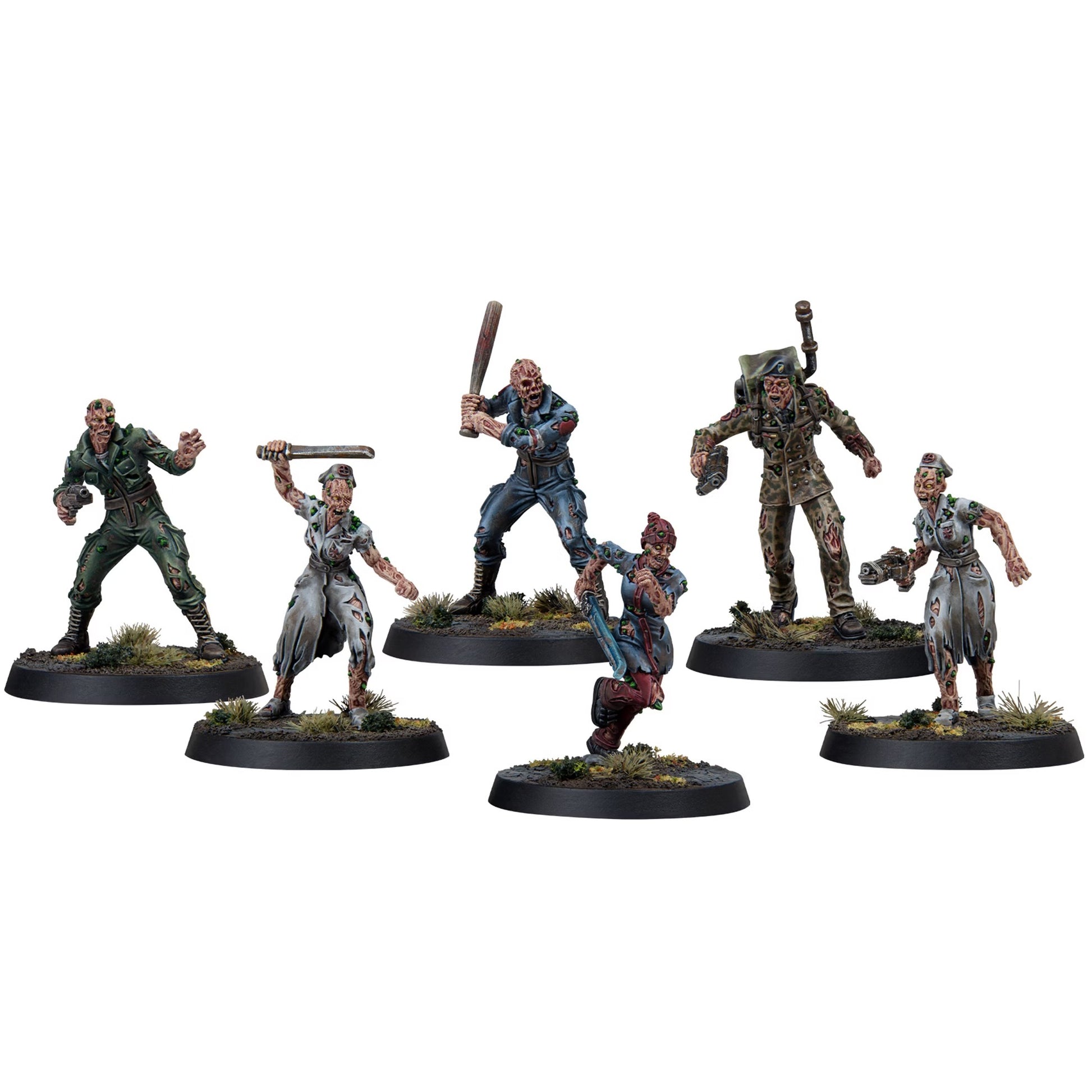 Six detailed zombie miniatures: soldiers, nurse, and civilians, equipped with weapons for tabletop wargaming