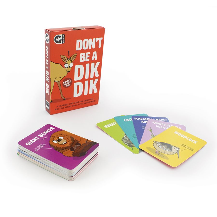 Close-up of Don&#39;t Be a Dik Dik game components including cards