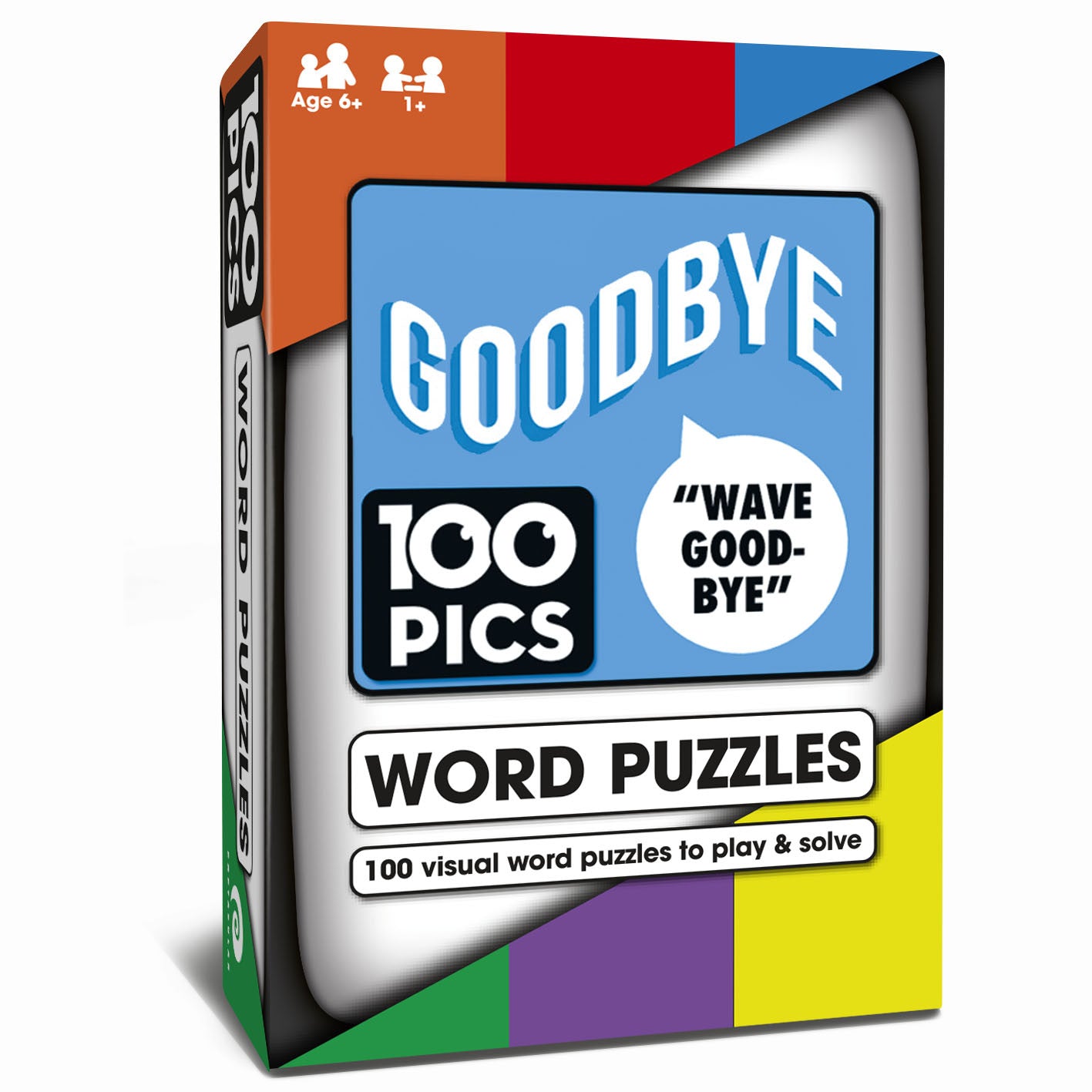 100 Pics Goodbye Word Puzzles game box featuring image-based word puzzles for ages 6