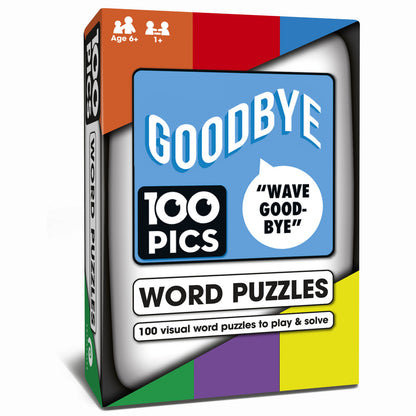 100 Pics Goodbye Word Puzzles game box featuring image-based word puzzles for ages 6