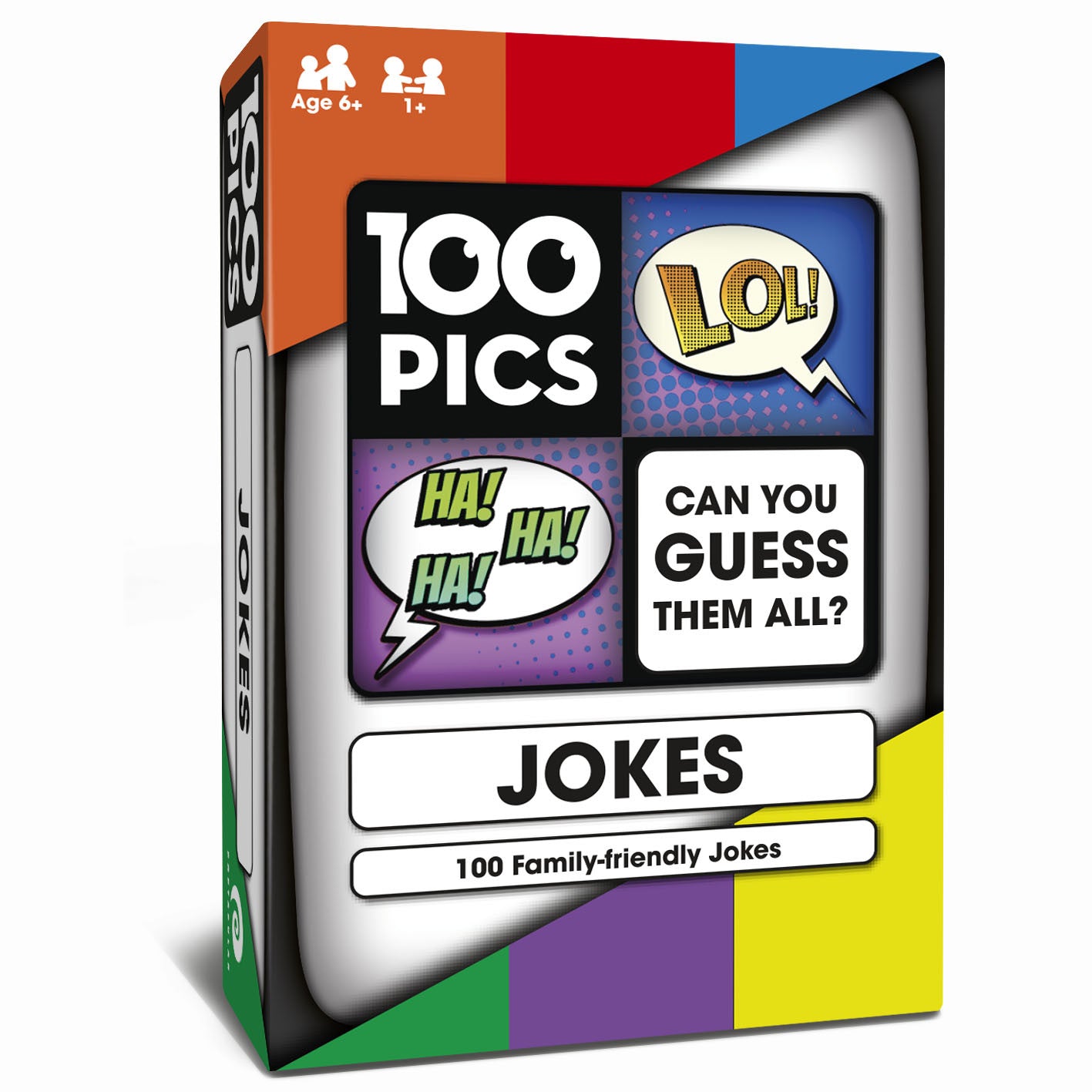 100 Pics Jokes card game box with comic book-style HA and LOL bubbles