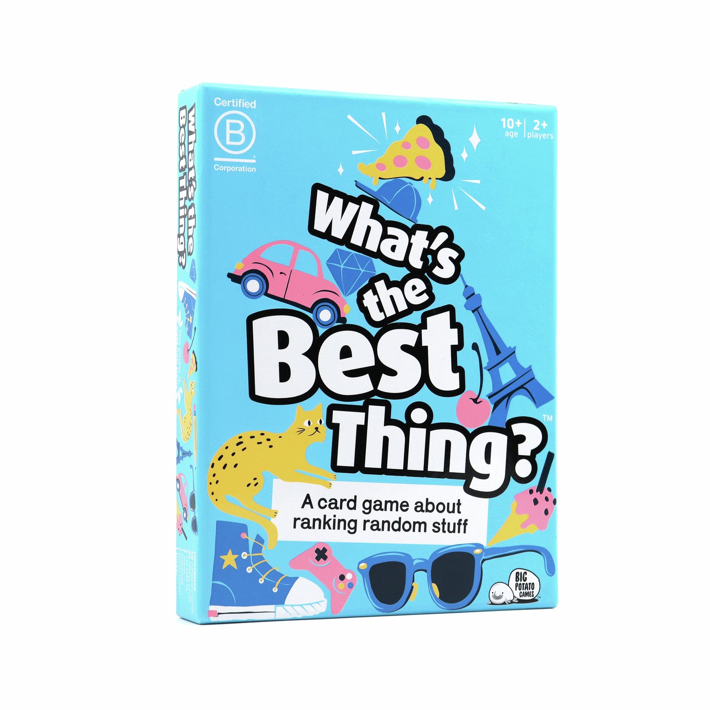 The bright blue packaging for the What's the Best Thing card game shows vibrant illustrations of a cat pizza and Eiffel Tower for the ranking random stuff game