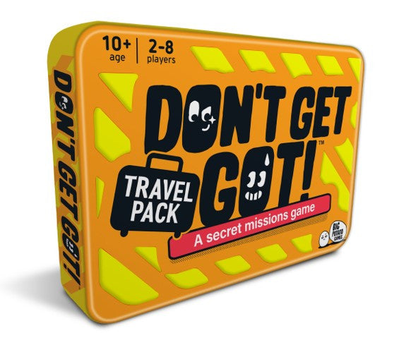 Don&#39;t Get Got Travel Pack secret missions card game in an orange and yellow metal tin for ages 10 2-8 players